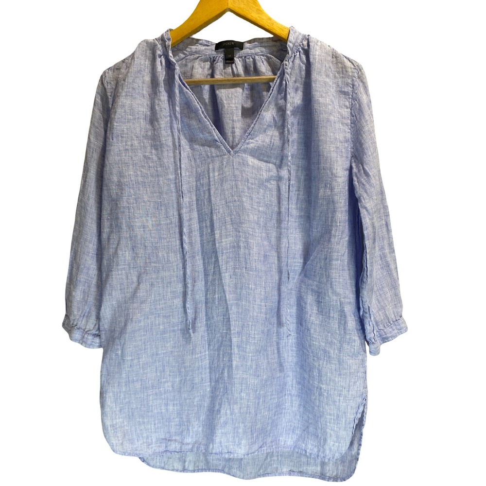 J.Crew 100% Linen Light‎ Blue Oversized Long Tunic XS V-Neck 3/4 Sleeve Long Top